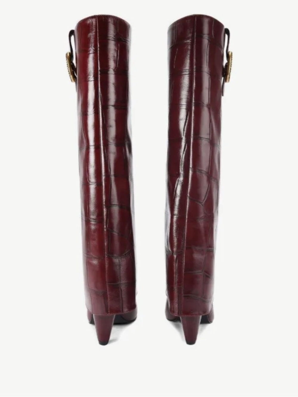 Kurt Geiger Burgundy Croc-Embossed Pointed Knee Boot with Gold Buckle - Picture 3 of 7